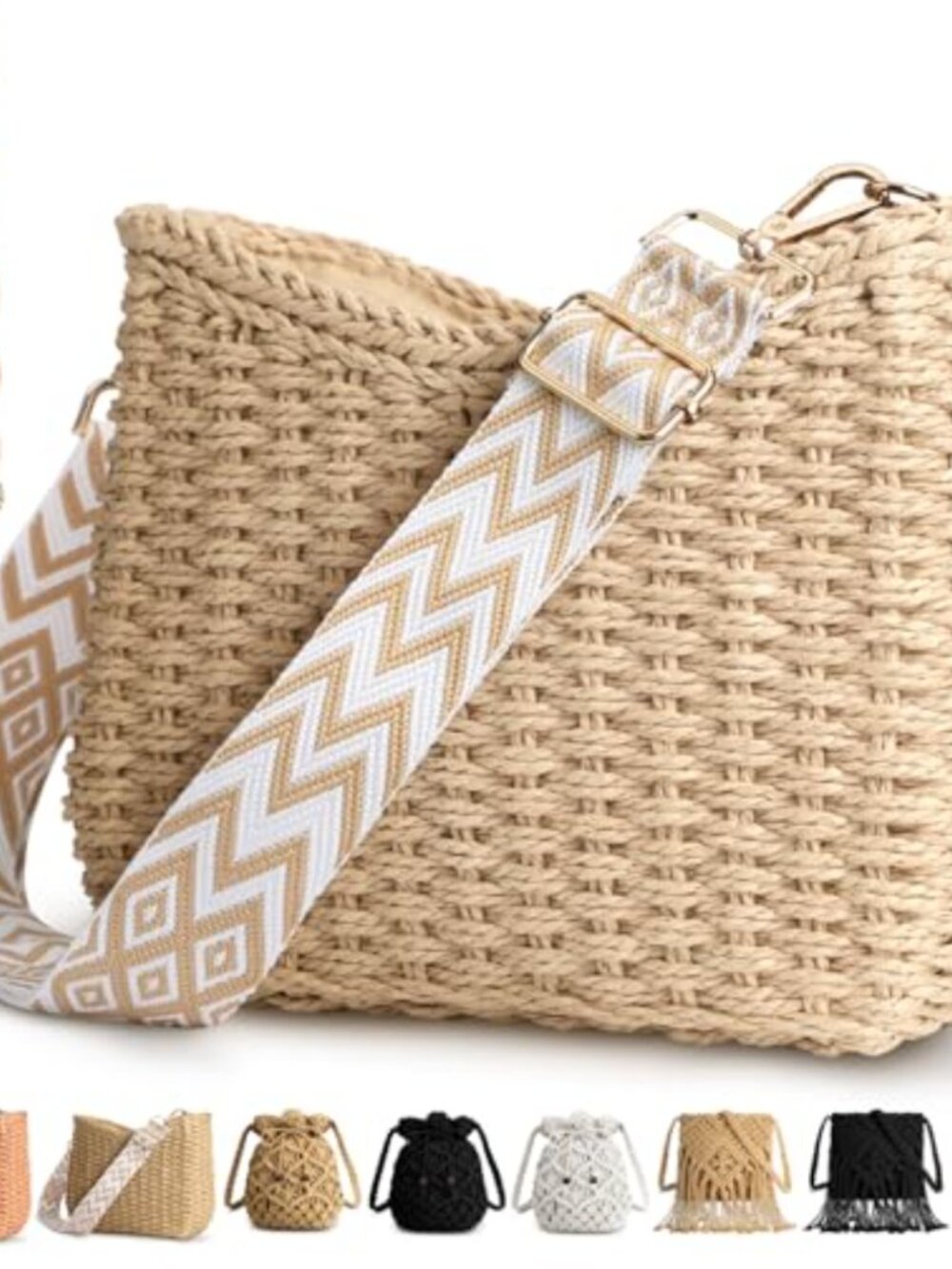 Natural Straw Woven Hobo Tote Crossbody Bag with Chain & Shoulder Strap